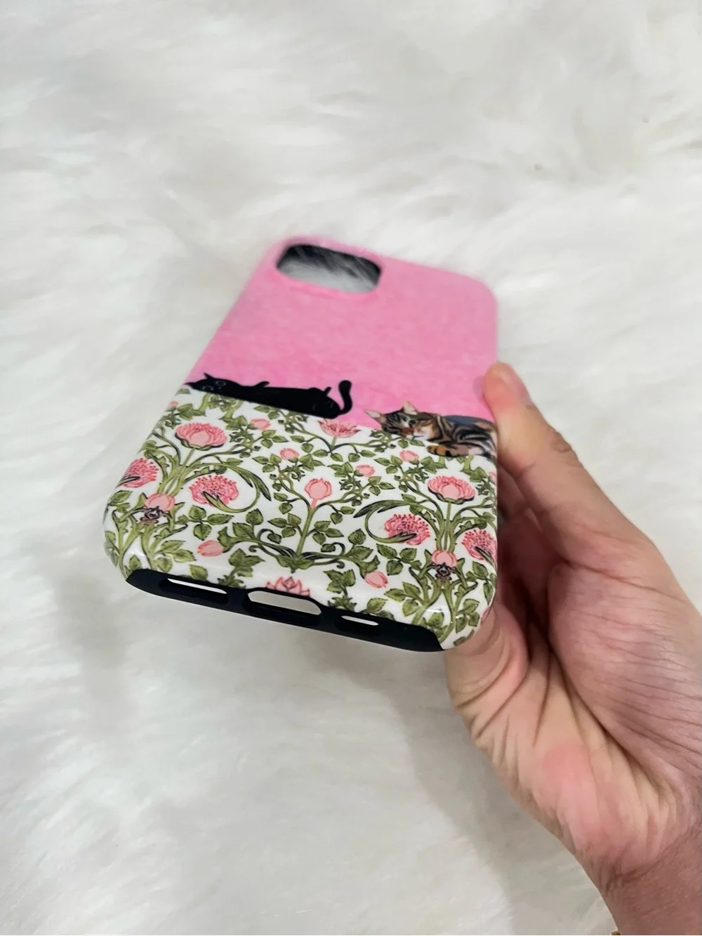 Whimsical Pink Cat Pattern Phone Case with Floral Accent